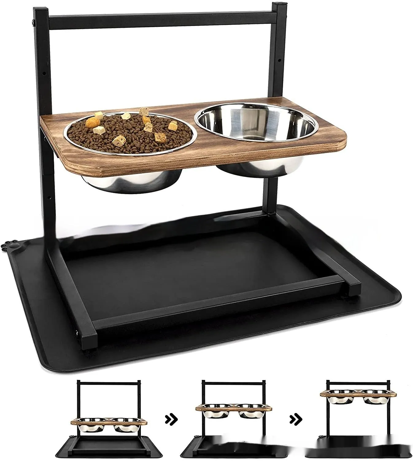 Large black metal dog bowl holder on floor for medium to large dogs.