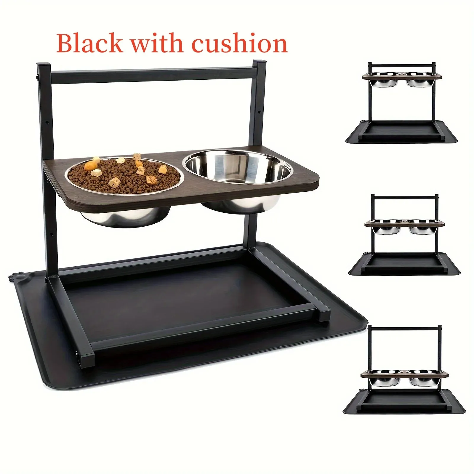 Large black metal dog bowl holder on floor for medium to large dogs.