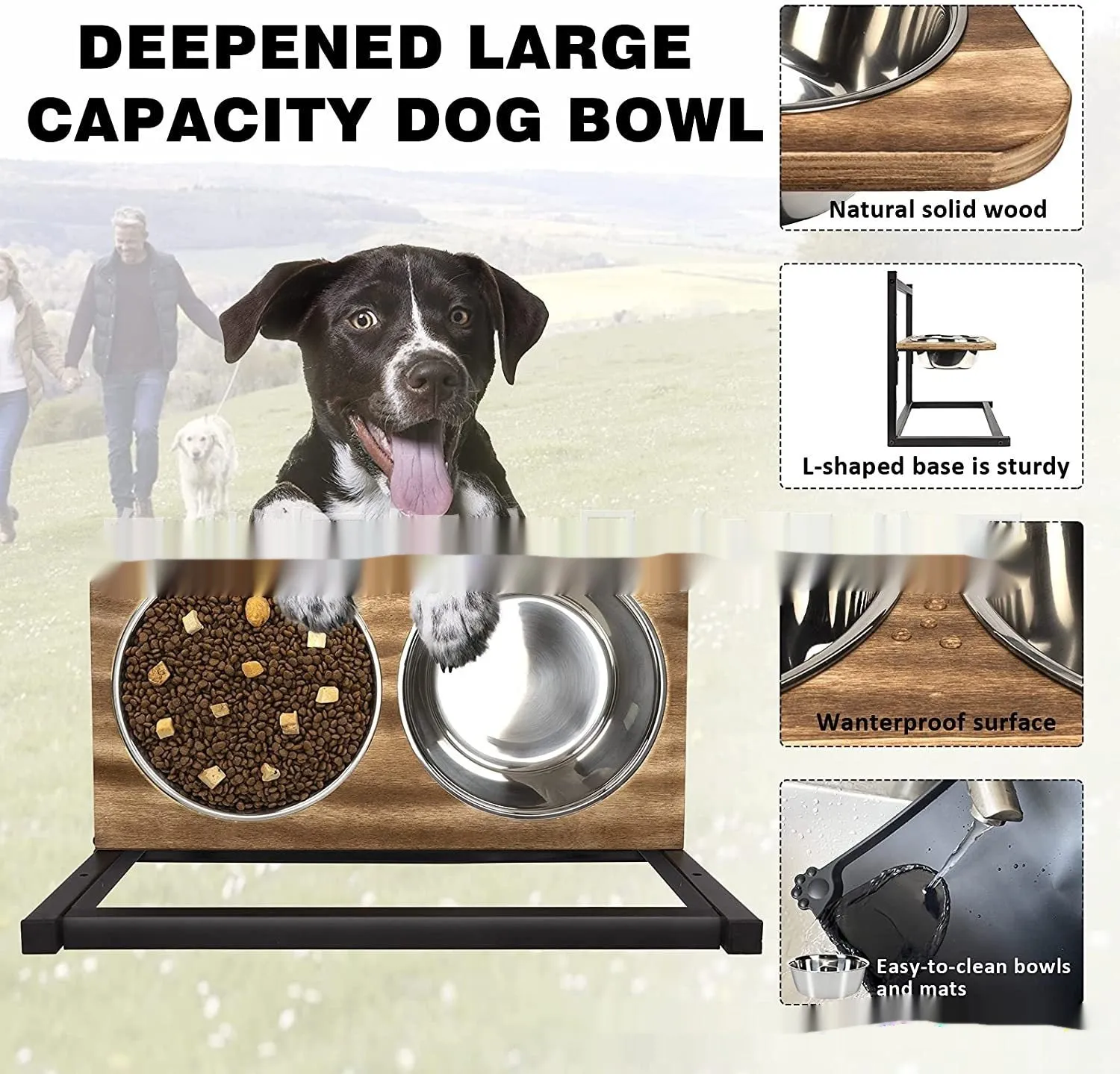 Large black metal dog bowl holder on floor for medium to large dogs.