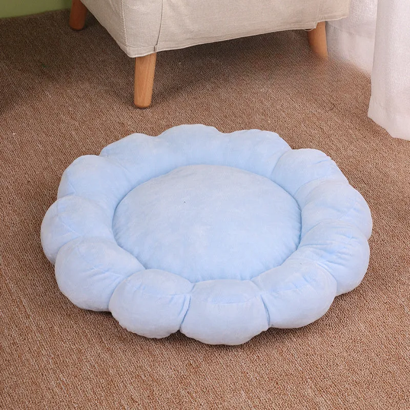 Square blue plush pet bed with one raised side for small dog or cat