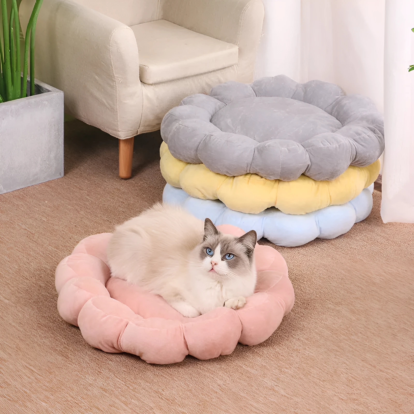 Square blue plush pet bed with one raised side for small dog or cat