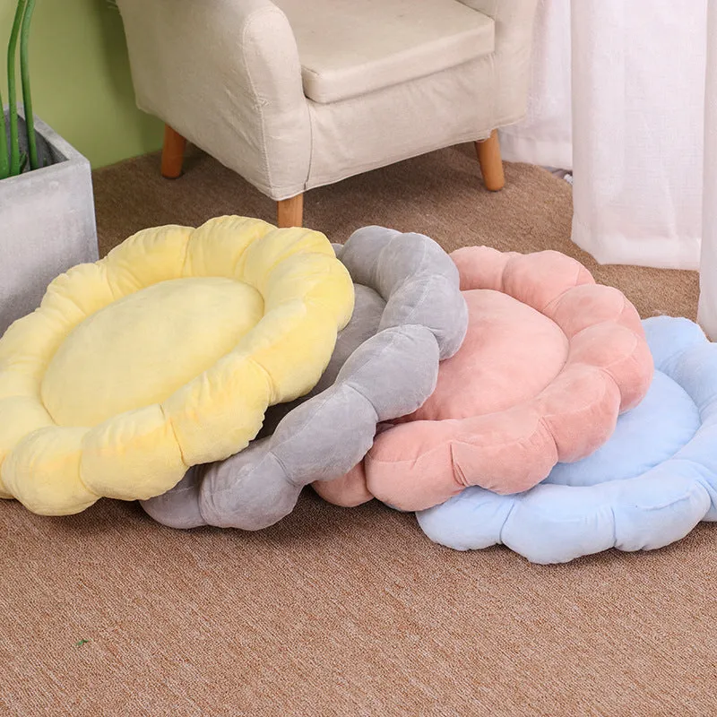 Square blue plush pet bed with one raised side for small dog or cat