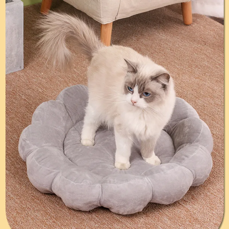 Square blue plush pet bed with one raised side for small dog or cat