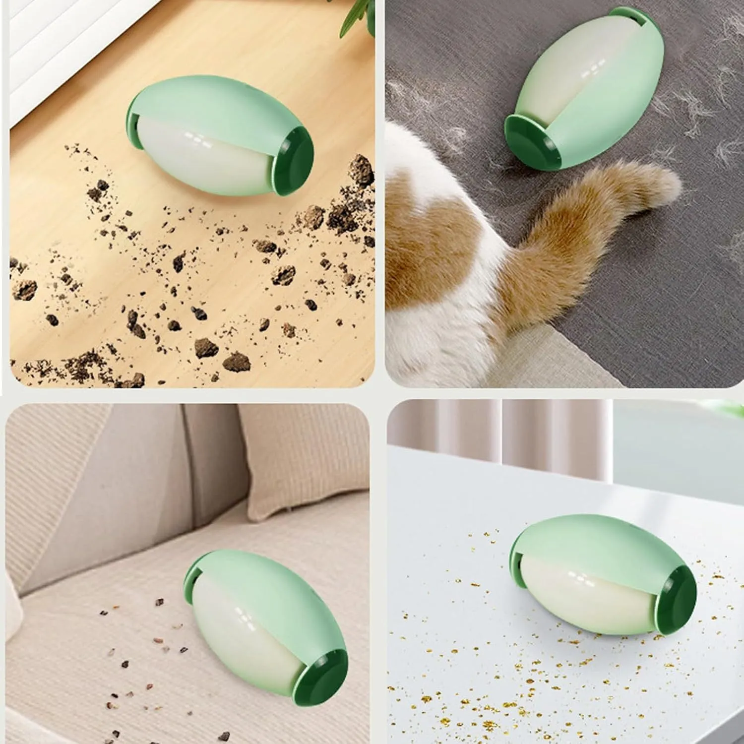 Green or white reusable gel lint roller ball for pet hair removal on fabric.