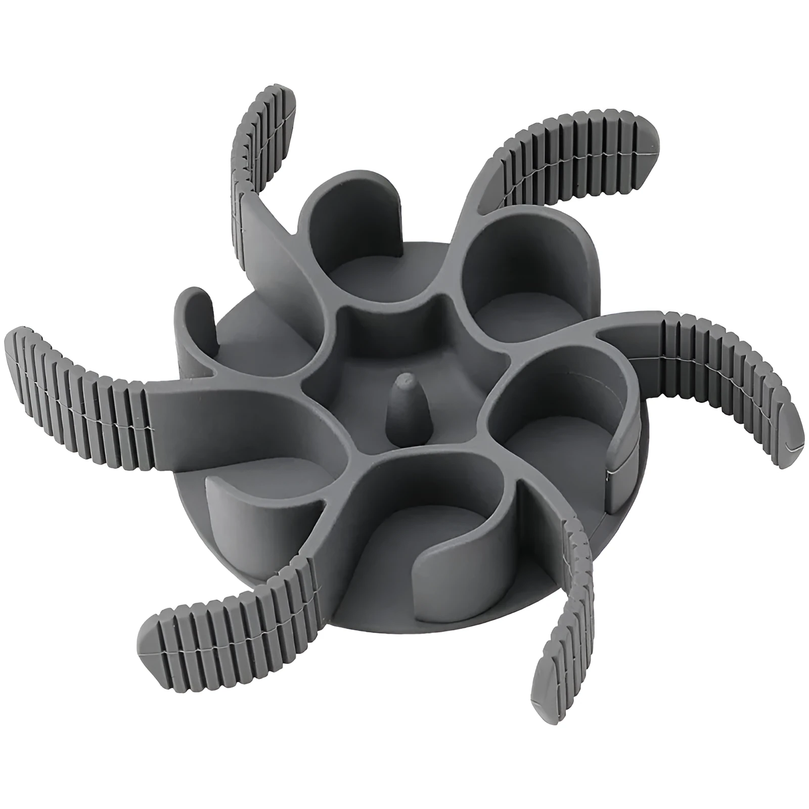Red or grey silicone dog slow feeder insert with suction cups and conical handles on a white background.