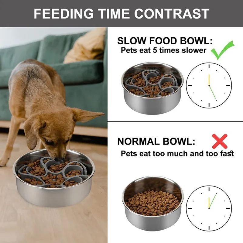 Red or grey silicone dog slow feeder insert with suction cups and conical handles on a white background.