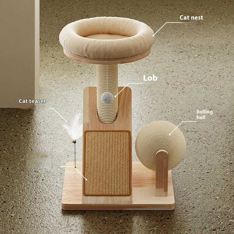 A natural jute-coloured cat climbing frame with sisal scratching posts and multiple platforms for small cats.