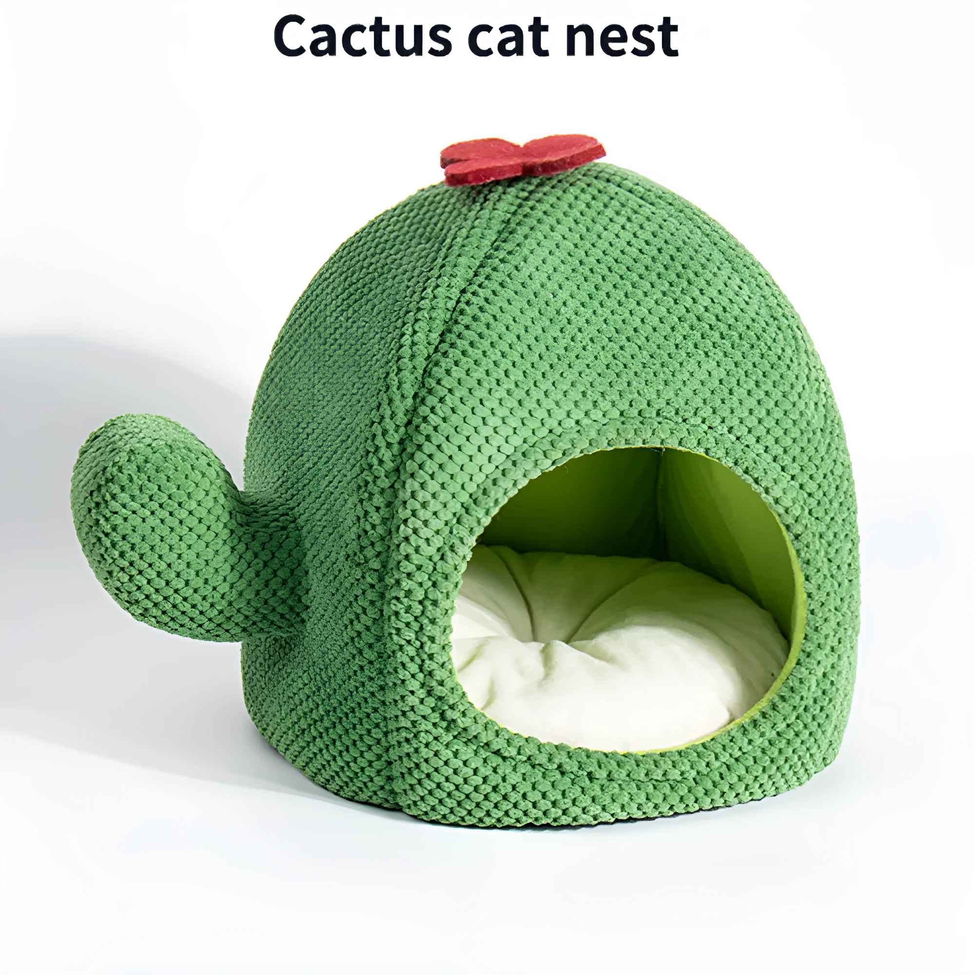 Green cactus-shaped enclosed pet bed cave for cats and small dogs