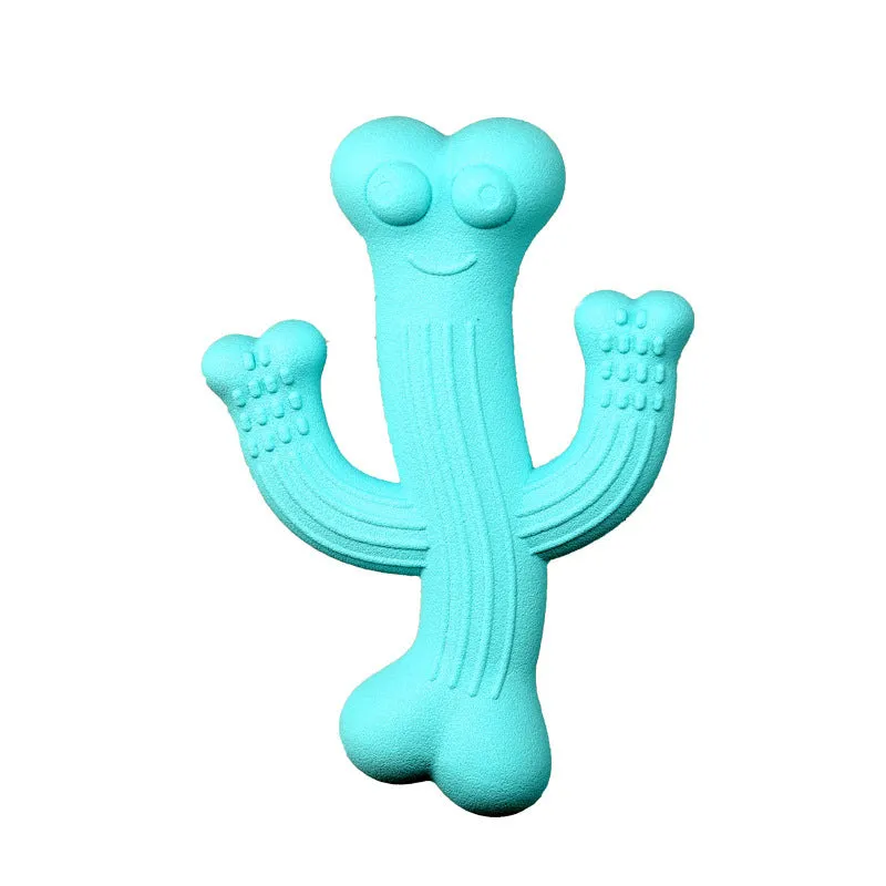 Cactus-shaped dog chew toy in bamboo fibre and rubber, shown in beige, blue, and purple colours.