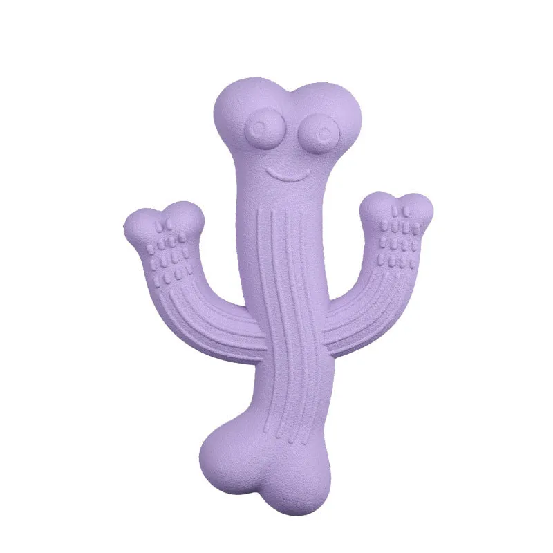 Cactus-shaped dog chew toy in bamboo fibre and rubber, shown in beige, blue, and purple colours.
