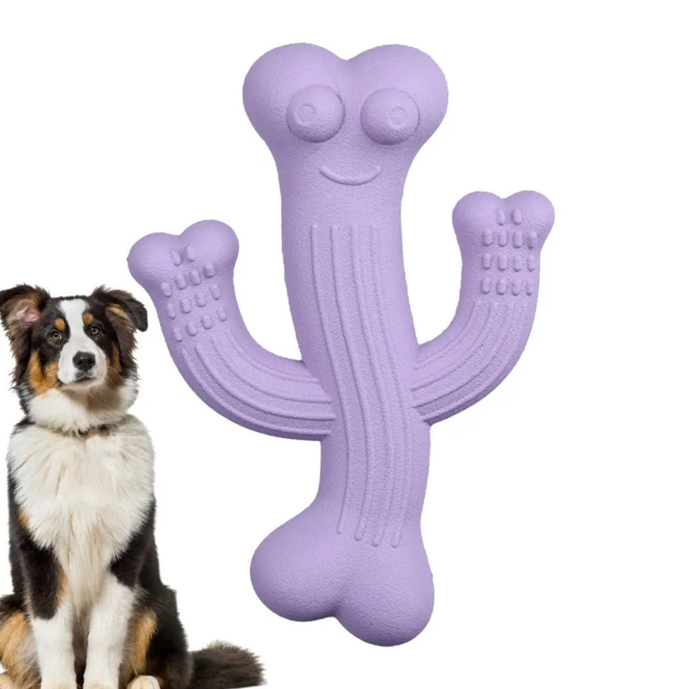 Cactus-shaped dog chew toy in bamboo fibre and rubber, shown in beige, blue, and purple colours.