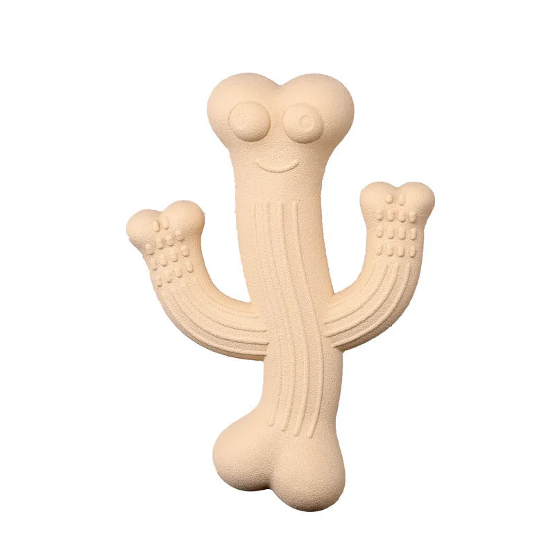 Cactus-shaped dog chew toy in bamboo fibre and rubber, shown in beige, blue, and purple colours.