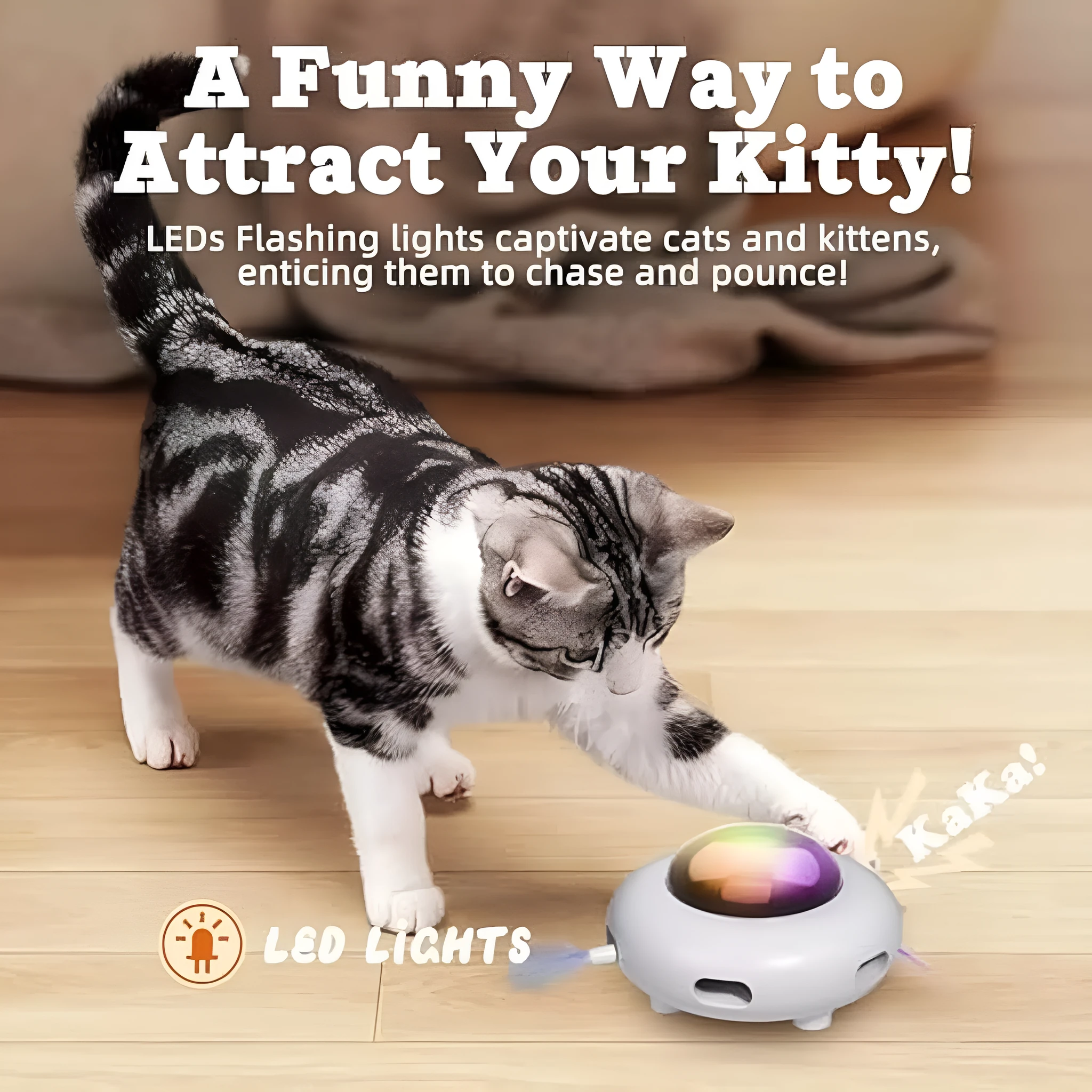 White UFO-shaped automatic cat toy with colourful LED lights and feather attachments
