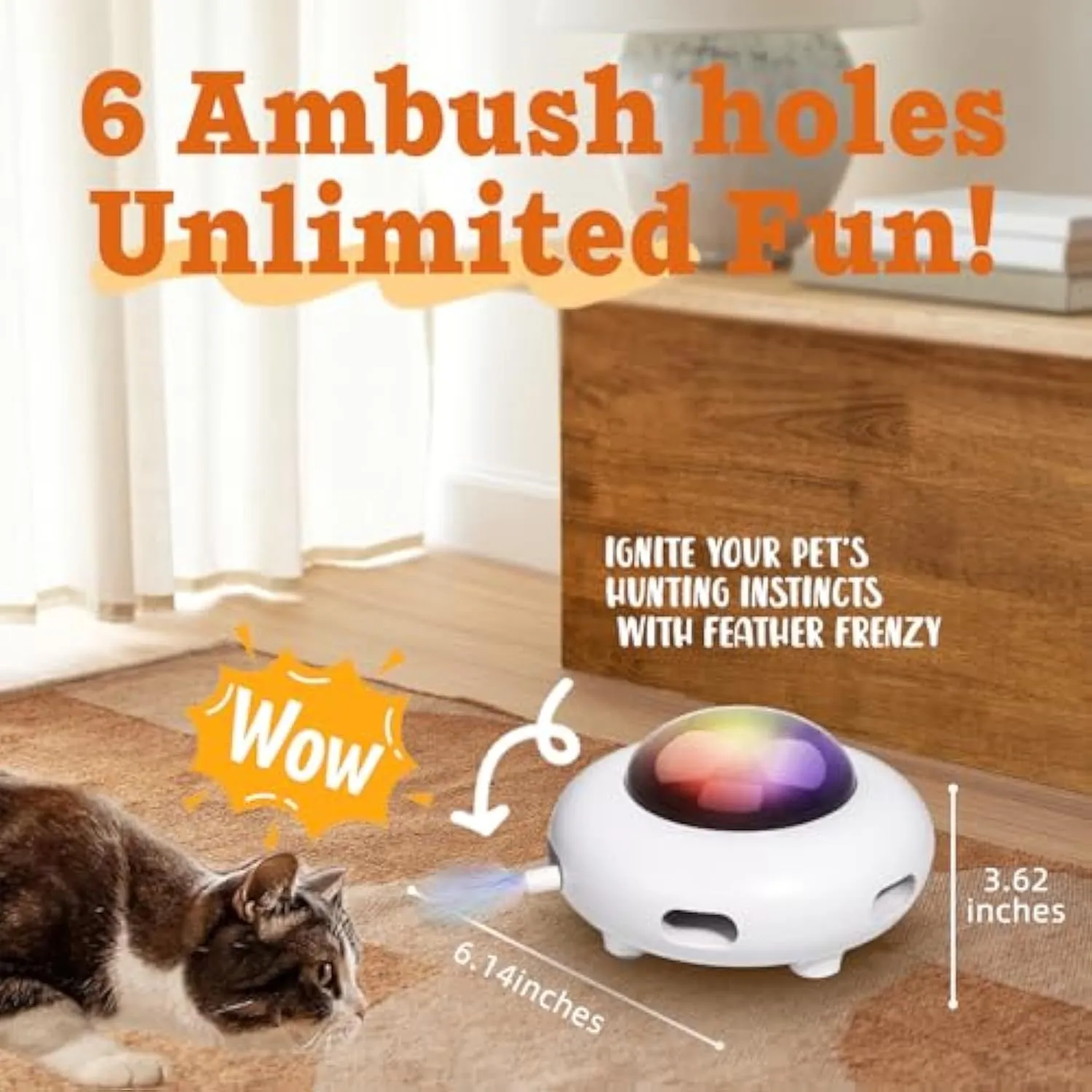 White UFO-shaped automatic cat toy with colourful LED lights and feather attachments