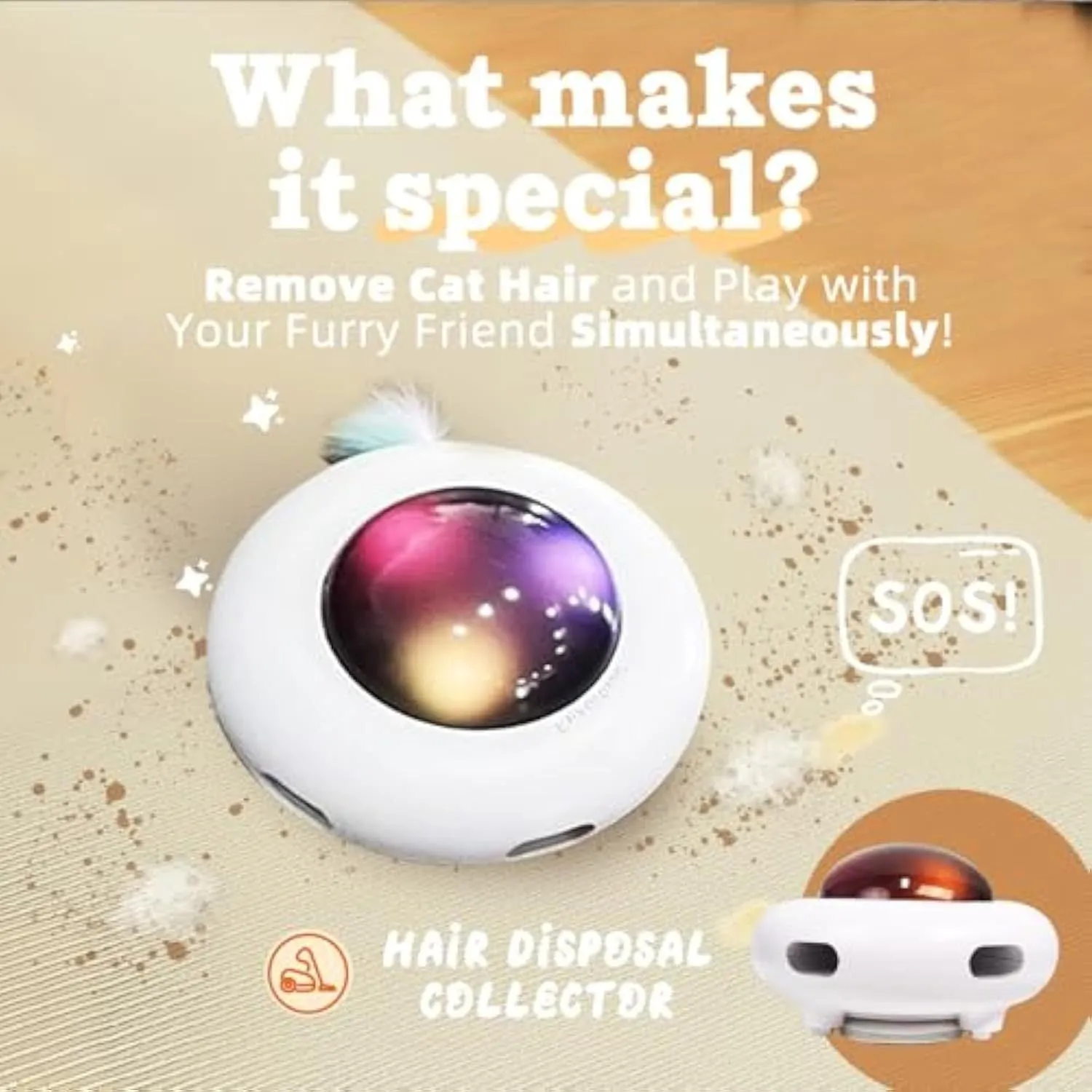 White UFO-shaped automatic cat toy with colourful LED lights and feather attachments