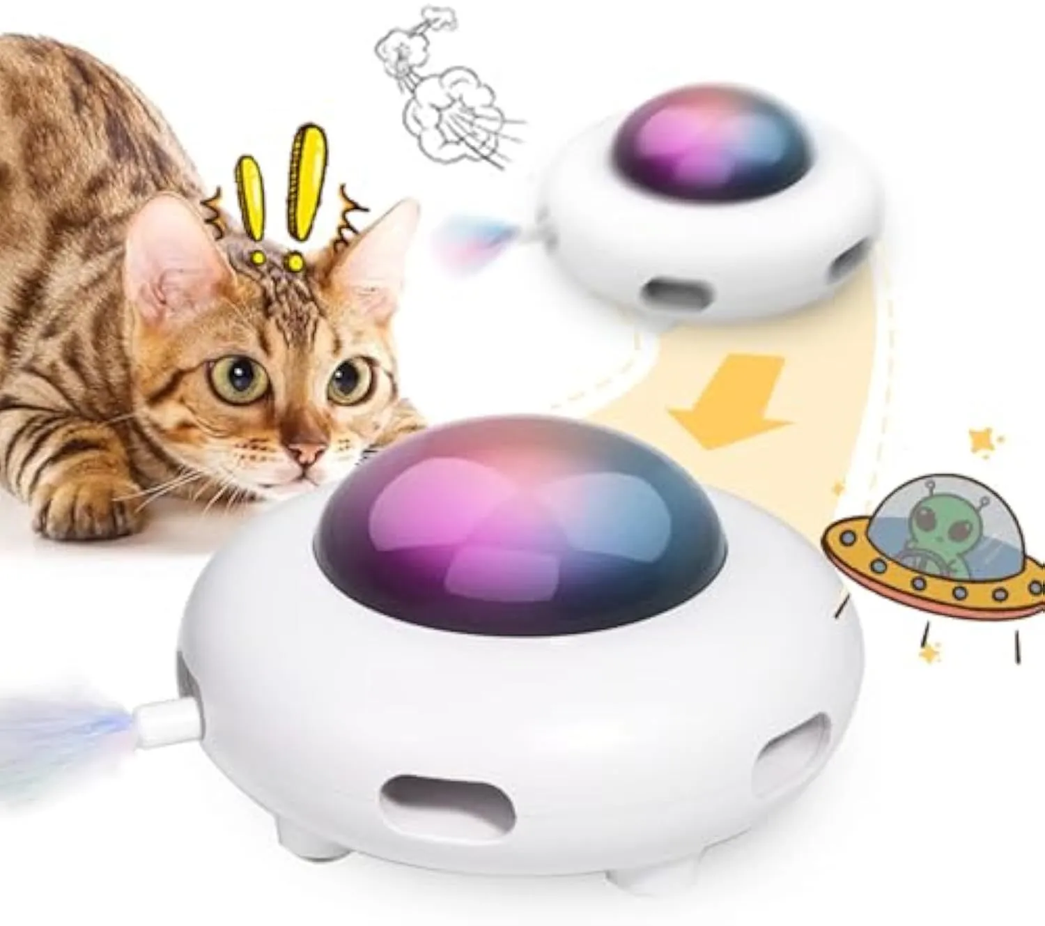 White UFO-shaped automatic cat toy with colourful LED lights and feather attachments
