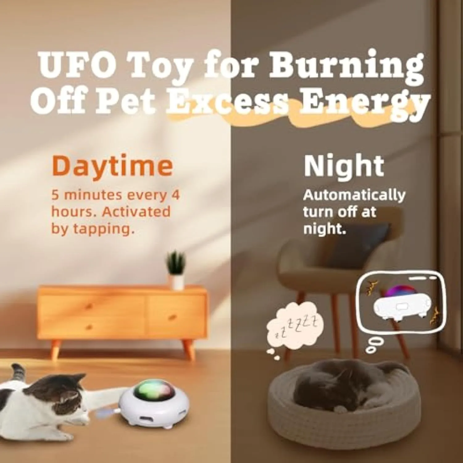 White UFO-shaped automatic cat toy with colourful LED lights and feather attachments