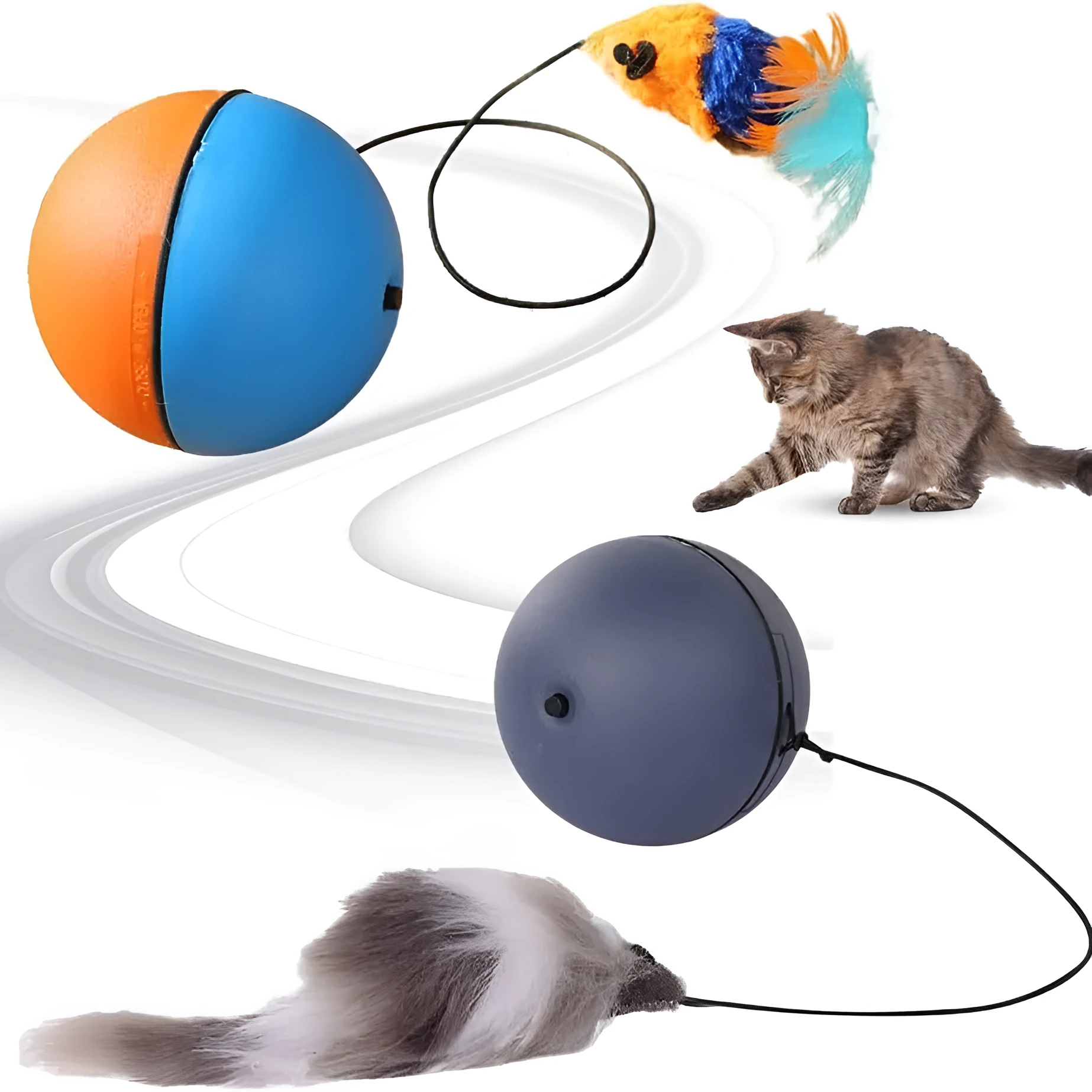Blue and orange automatic rolling ball pet toy for cats and dogs on a wooden floor.