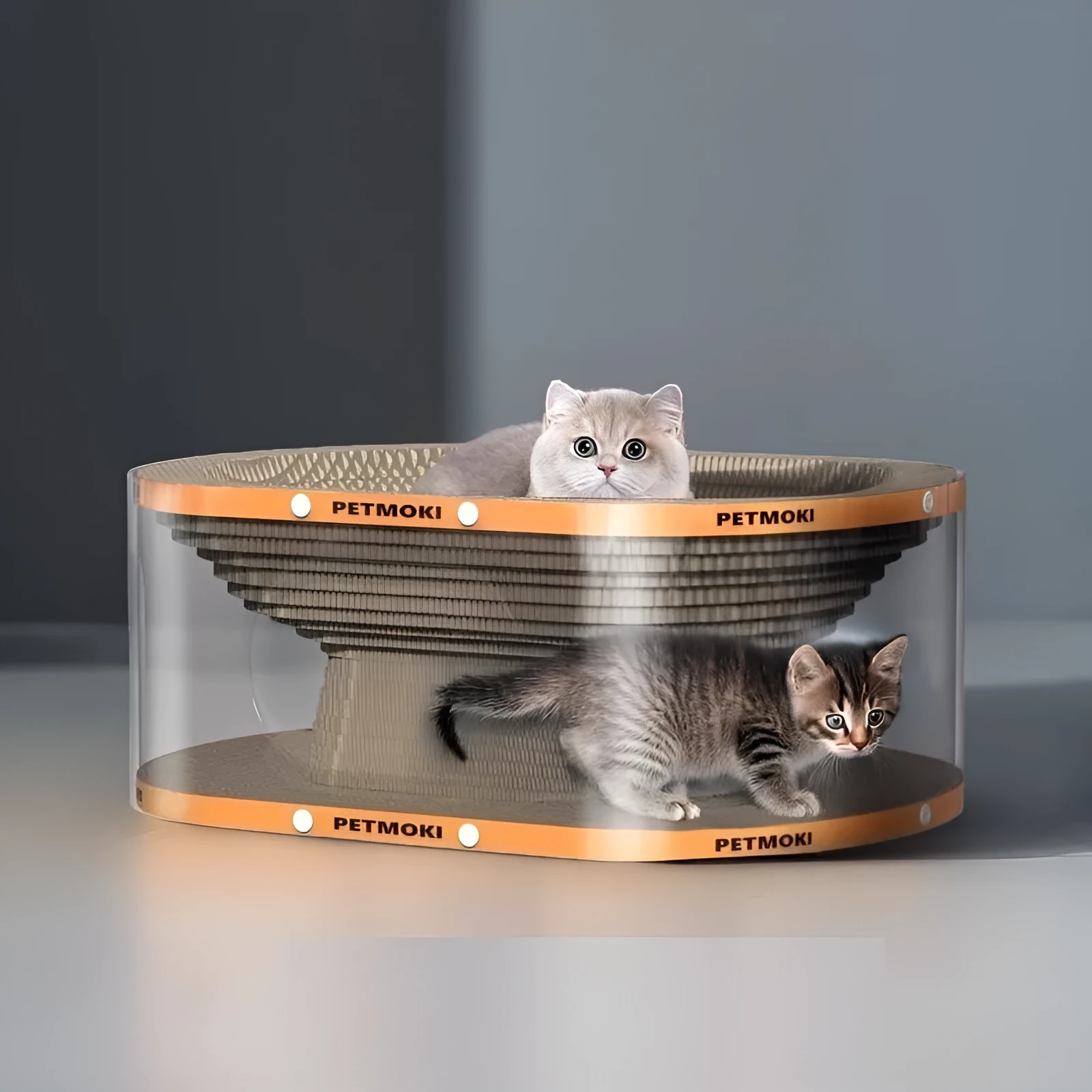 White and transparent 2-in-1 cat scratch board and enclosed PVC tunnel nest, measuring 58cm long.