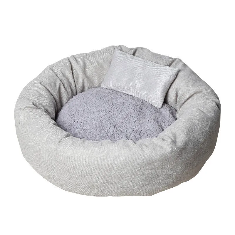 Soft grey and pink PP cotton filled dog beds in different sizes, some with an attached pillow.