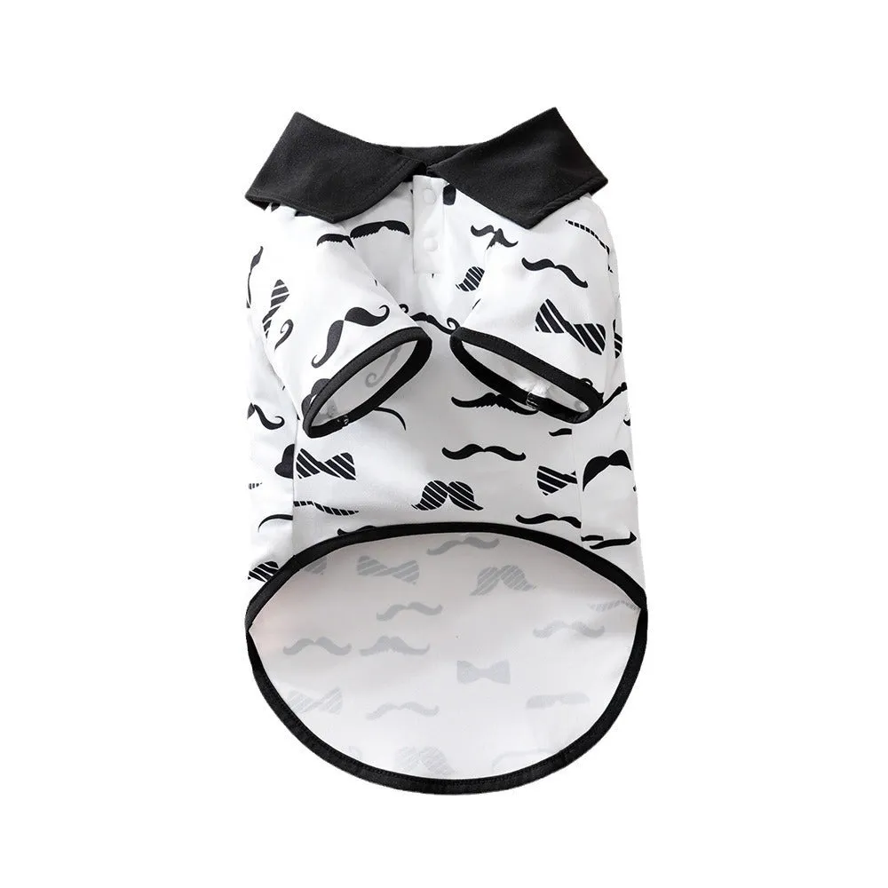 White gentleman beard style polyester dog coat showing casual design with size chart for 1.50-8.00kg weight ranges