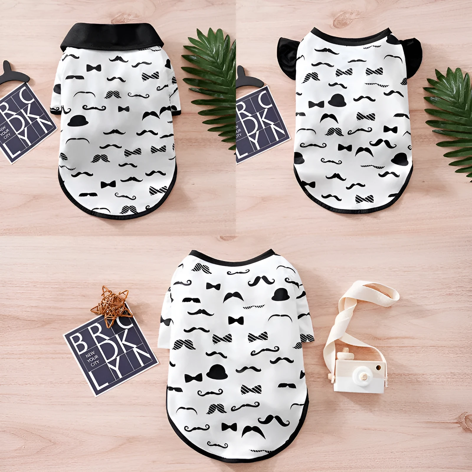 White gentleman beard style polyester dog coat showing casual design with size chart for 1.50-8.00kg weight ranges