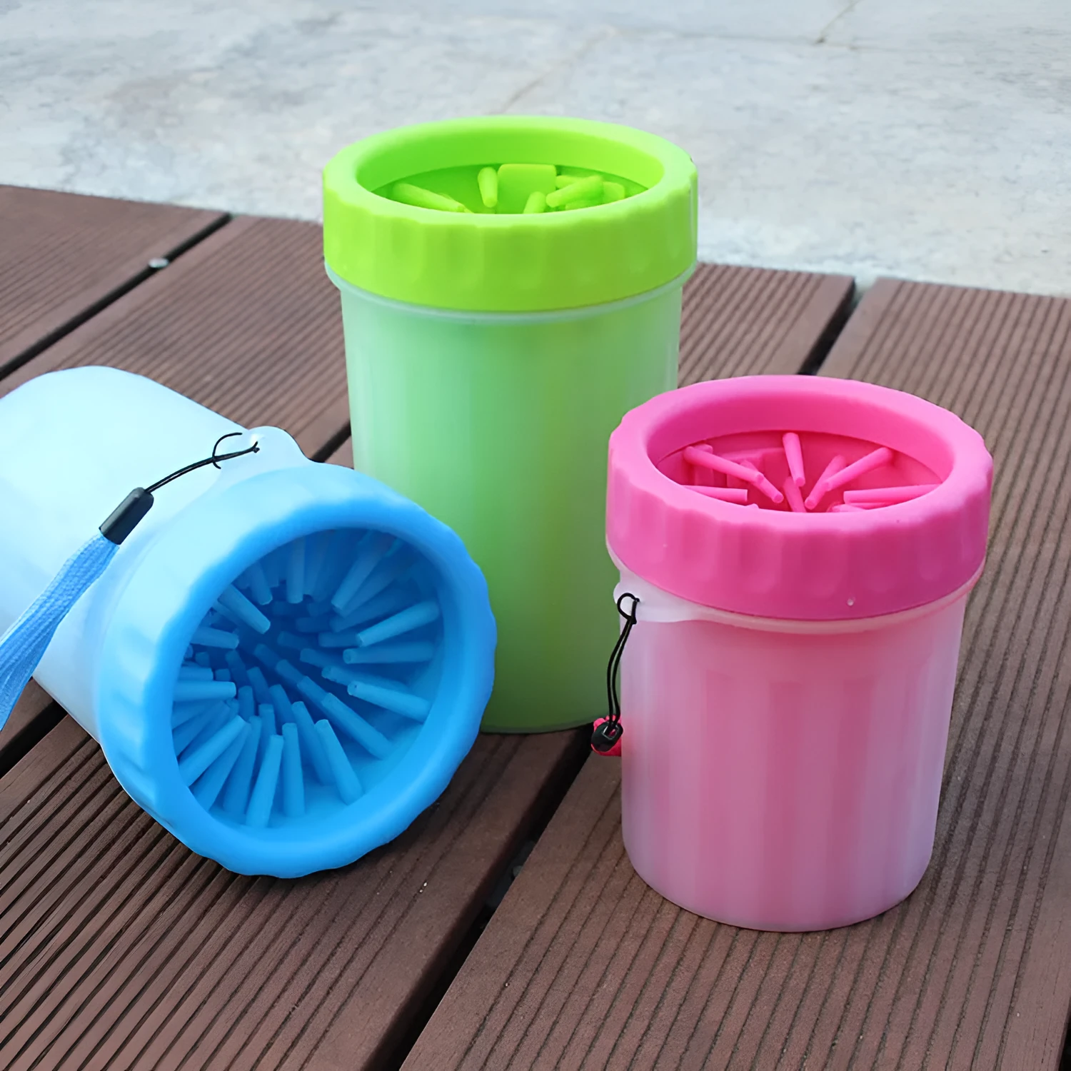 Silicone dog foot wash barrel with scrubber in blue, pink or green colours