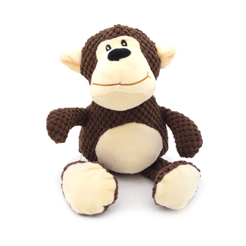 Dog plush squeaky chew toy in animal shapes with cotton filling for teeth cleaning and interactive play
