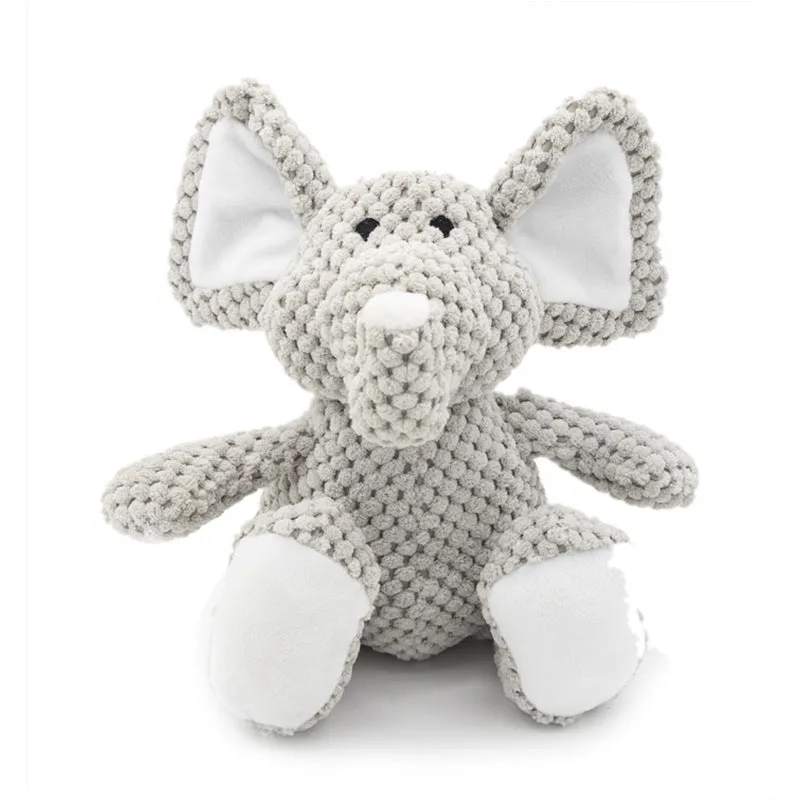 Dog plush squeaky chew toy in animal shapes with cotton filling for teeth cleaning and interactive play
