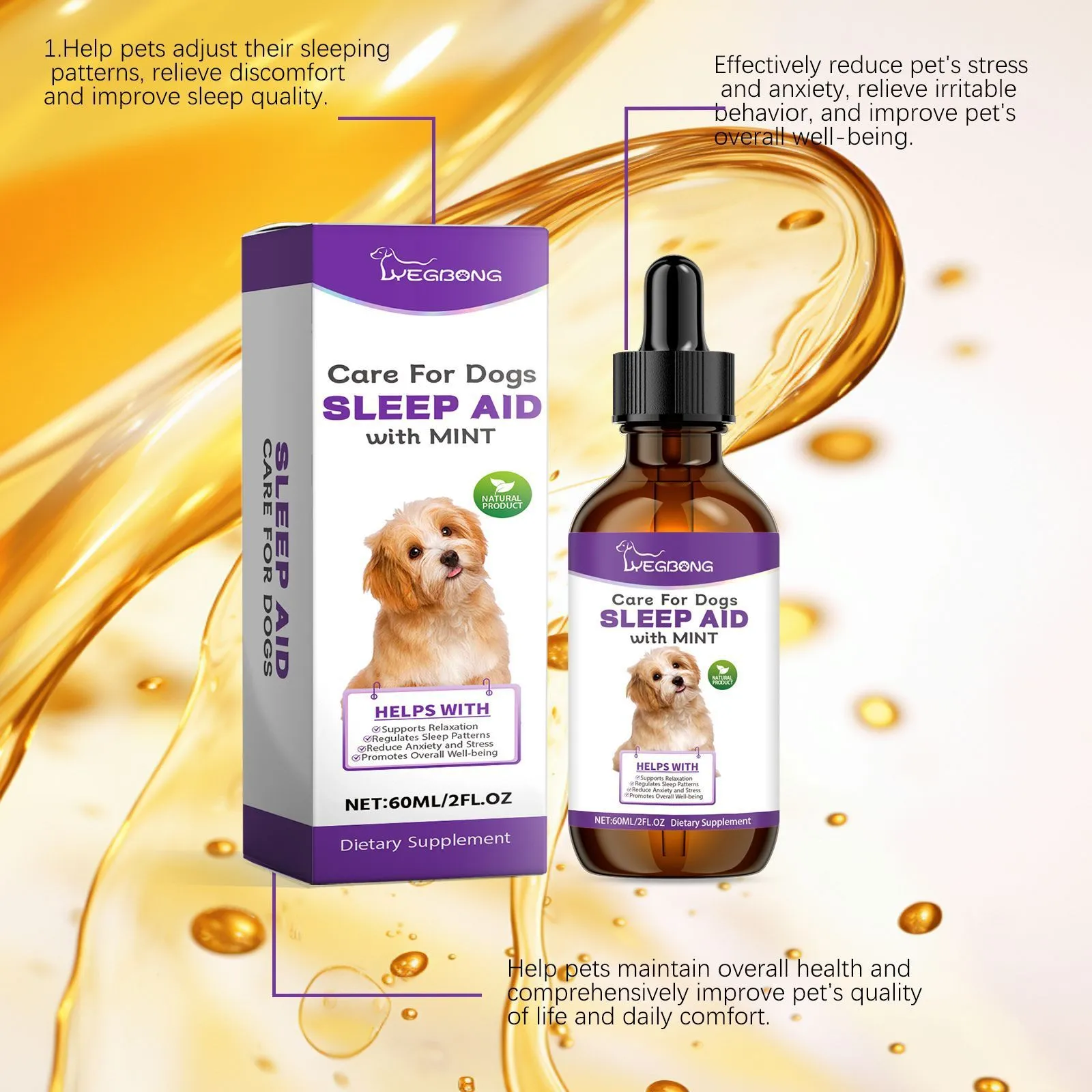 60ml bottle of Dog Sleep Drops liquid supplement for dogs, measuring 12cm tall.