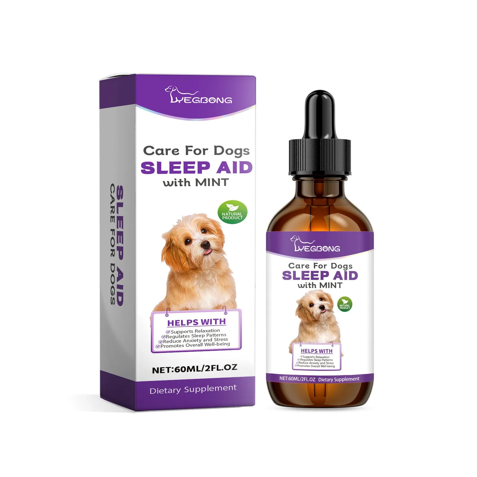 60ml bottle of Dog Sleep Drops liquid supplement for dogs, measuring 12cm tall.