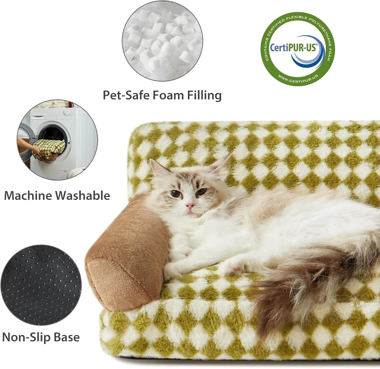 A checkered pattern pet sofa bed for a small dog or cat on a wooden floor.