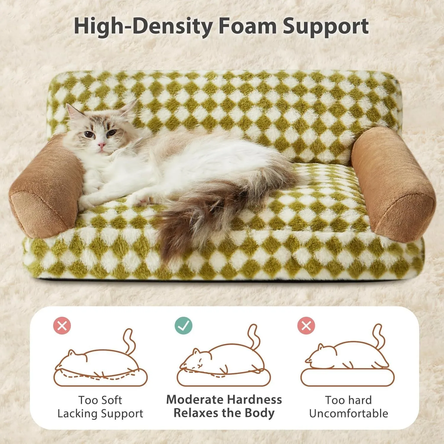 A checkered pattern pet sofa bed for a small dog or cat on a wooden floor.