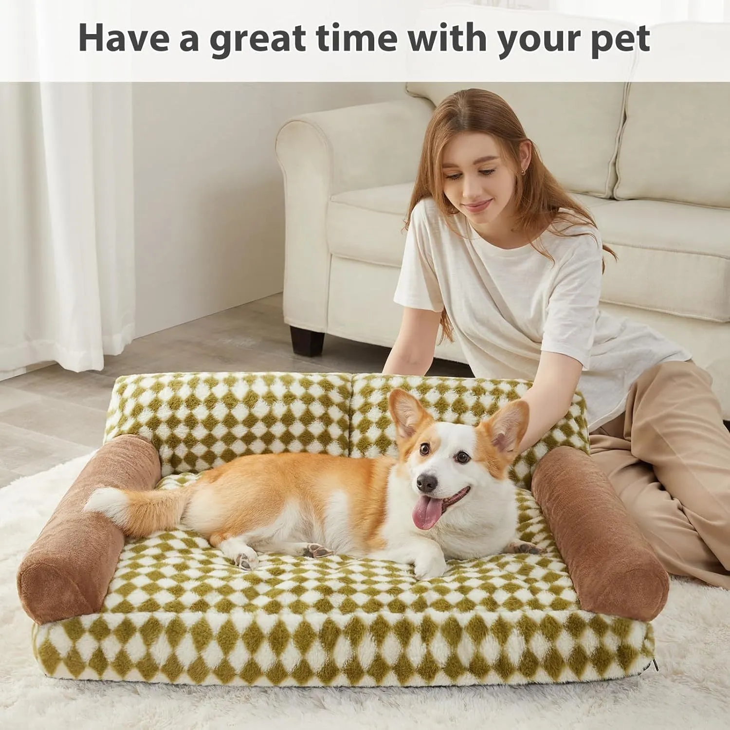 A checkered pattern pet sofa bed for a small dog or cat on a wooden floor.