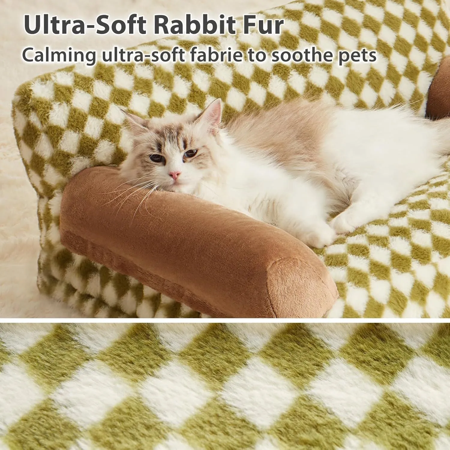 A checkered pattern pet sofa bed for a small dog or cat on a wooden floor.
