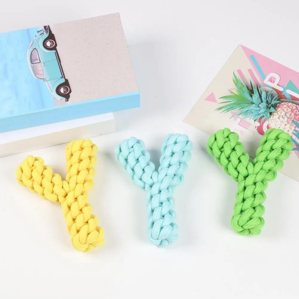 Y-shaped cotton rope dog toy for large breeds in blue, green or yellow colour options
