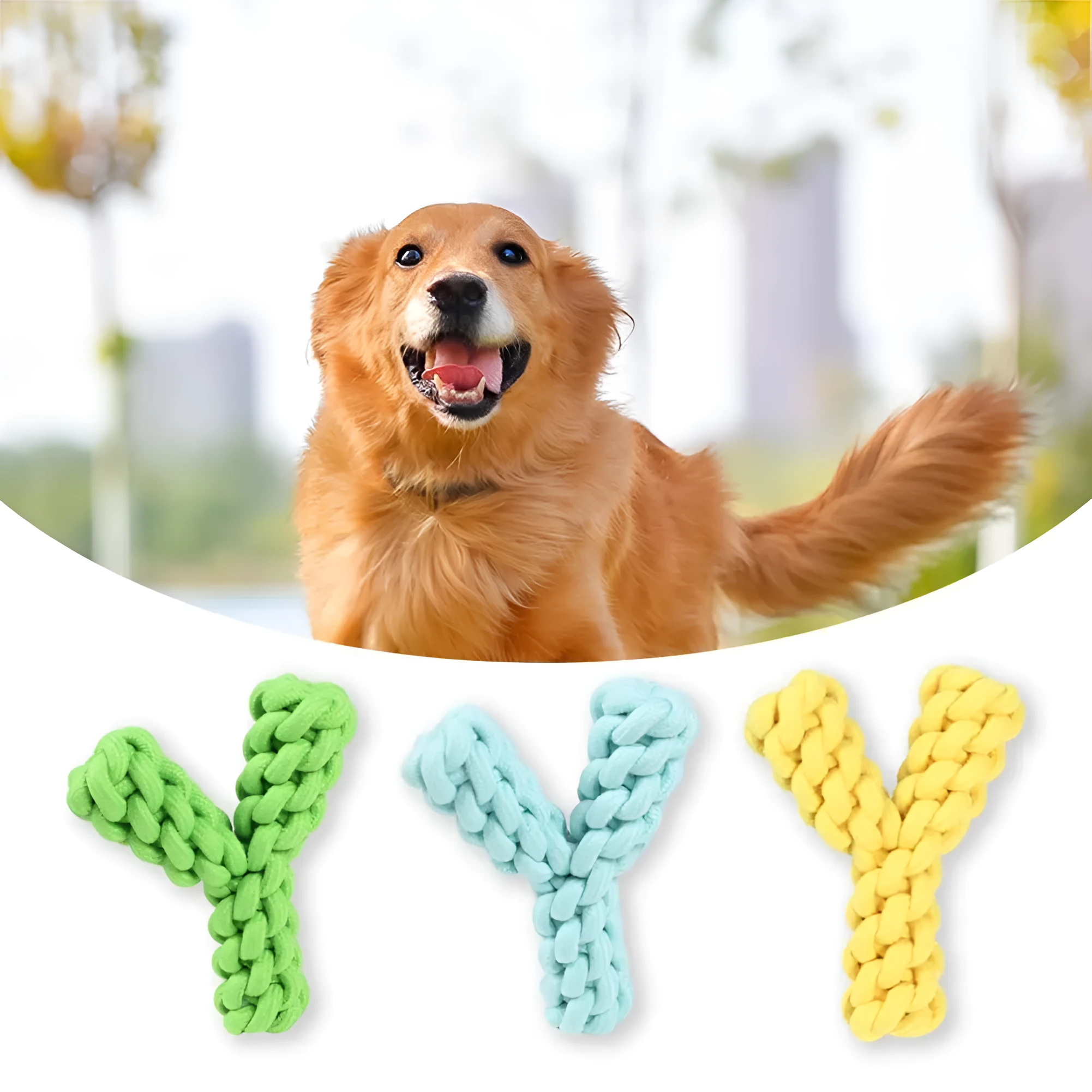 Y-shaped cotton rope dog toy for large breeds in blue, green or yellow colour options