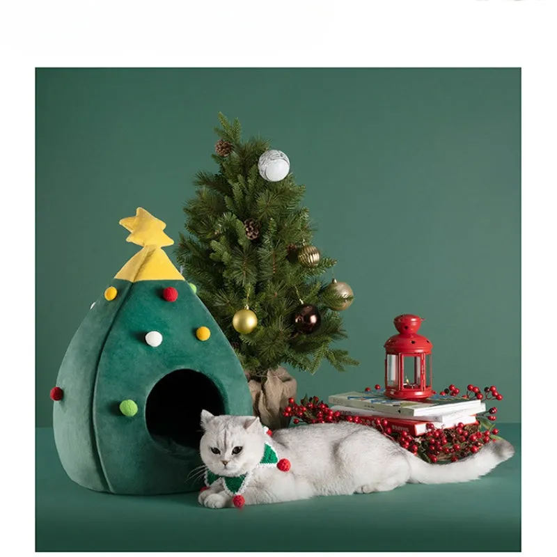 Red and green Christmas tree-shaped pet cave bed with removable cushion