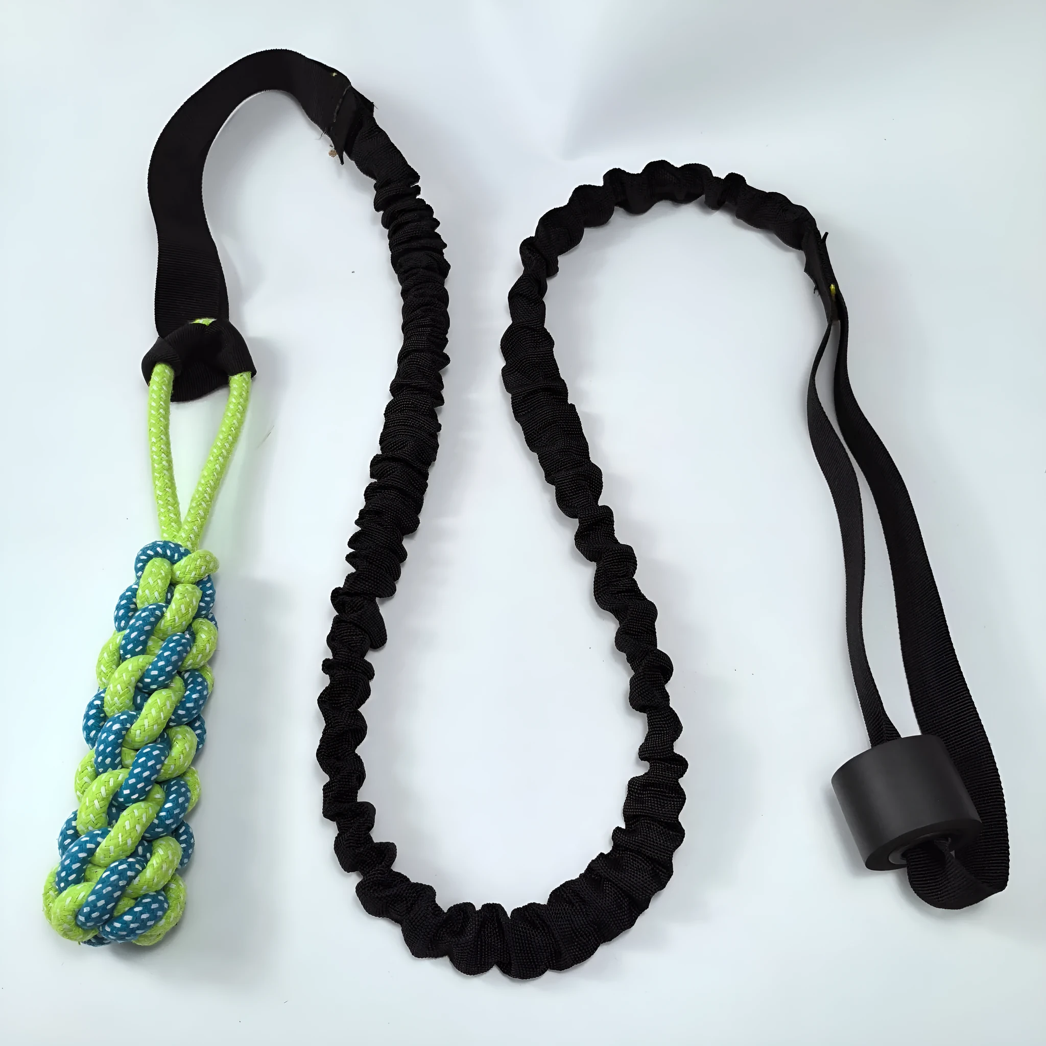 Green cotton thread dog tug rope toy with corncob design for tug-of-war games.