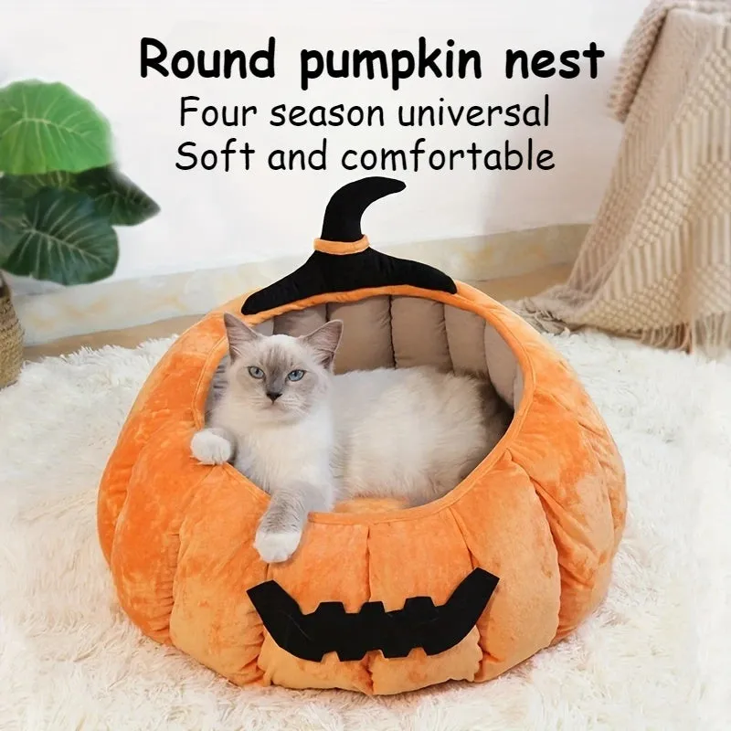 Halloween pumpkin cat bed with cartoon devil design in soft plush material