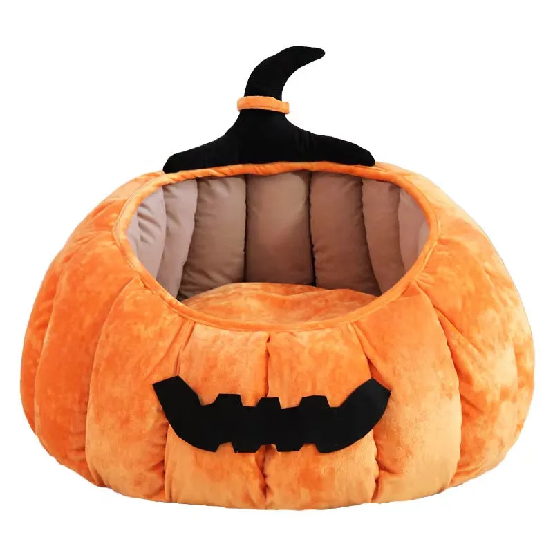 Halloween pumpkin cat bed with cartoon devil design in soft plush material