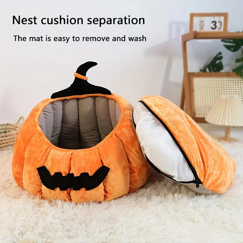 Halloween pumpkin cat bed with cartoon devil design in soft plush material
