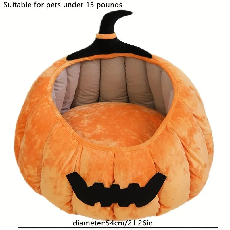 Halloween pumpkin cat bed with cartoon devil design in soft plush material
