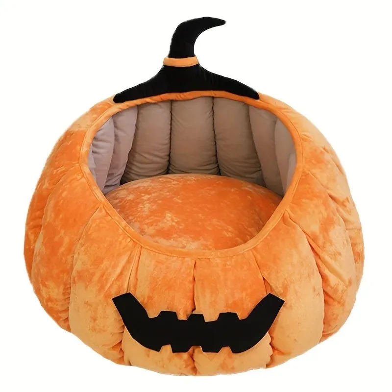 Halloween pumpkin cat bed with cartoon devil design in soft plush material
