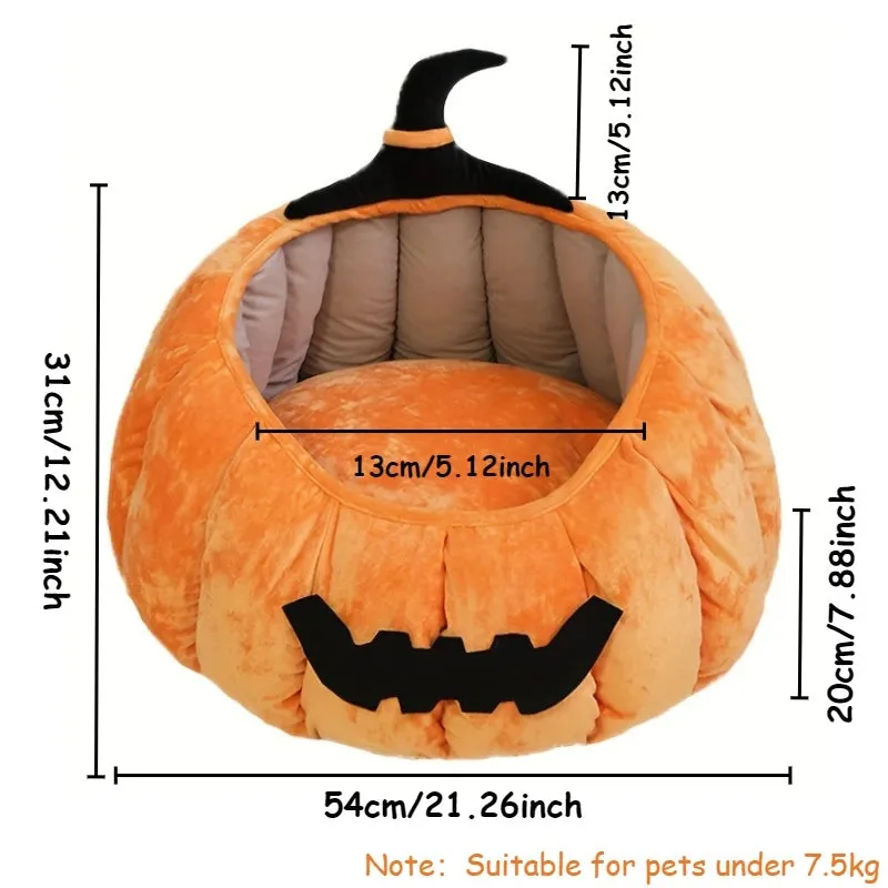 Halloween pumpkin cat bed with cartoon devil design in soft plush material