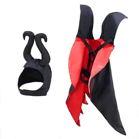 Halloween pet bat cloak costume with matching pointed devil hat in red or purple colour