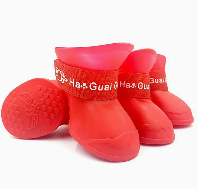 Rubber pet rain shoes with anti-slip soles for dog paw protection in wet weather