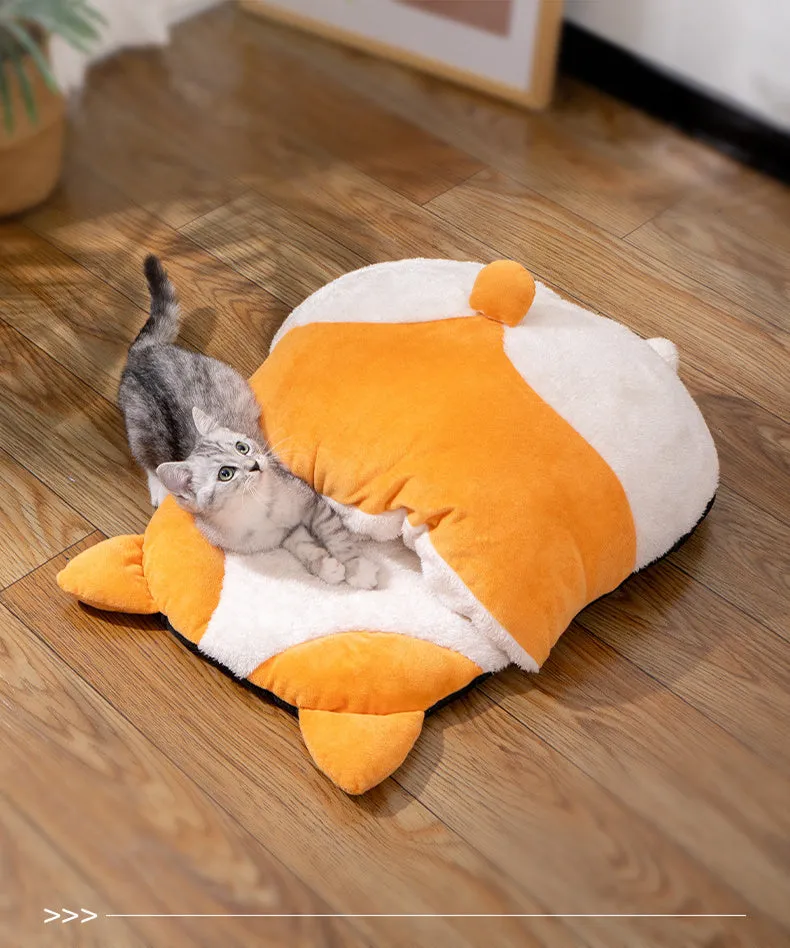 Orange fleece cat sleeping bag with semi-closed nest design, measuring 65cm long