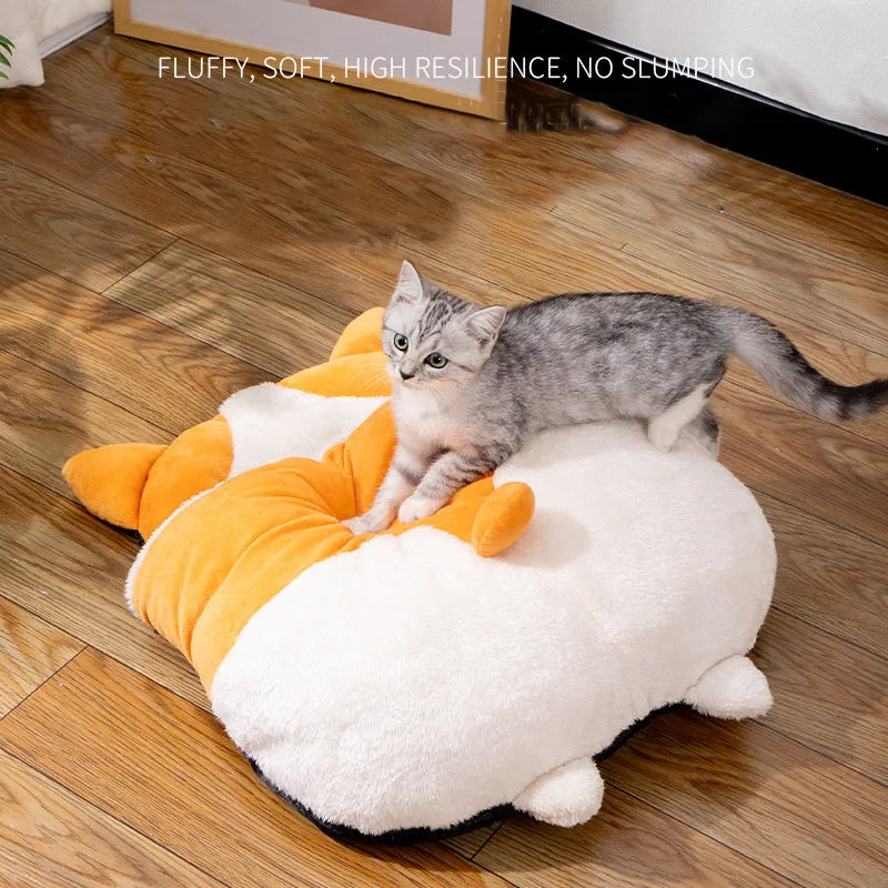 Orange fleece cat sleeping bag with semi-closed nest design, measuring 65cm long