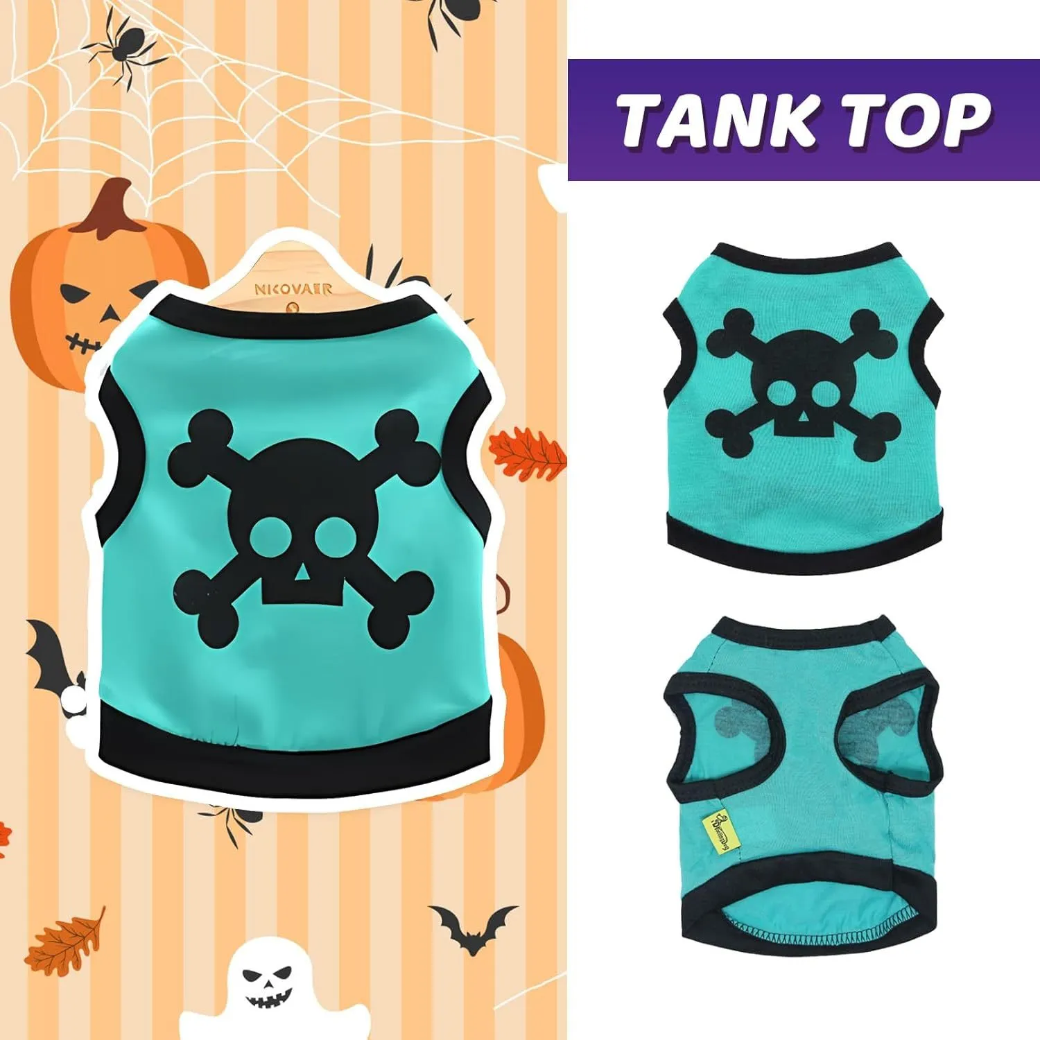Blue Halloween dog vest with skull bones pattern on a small dog